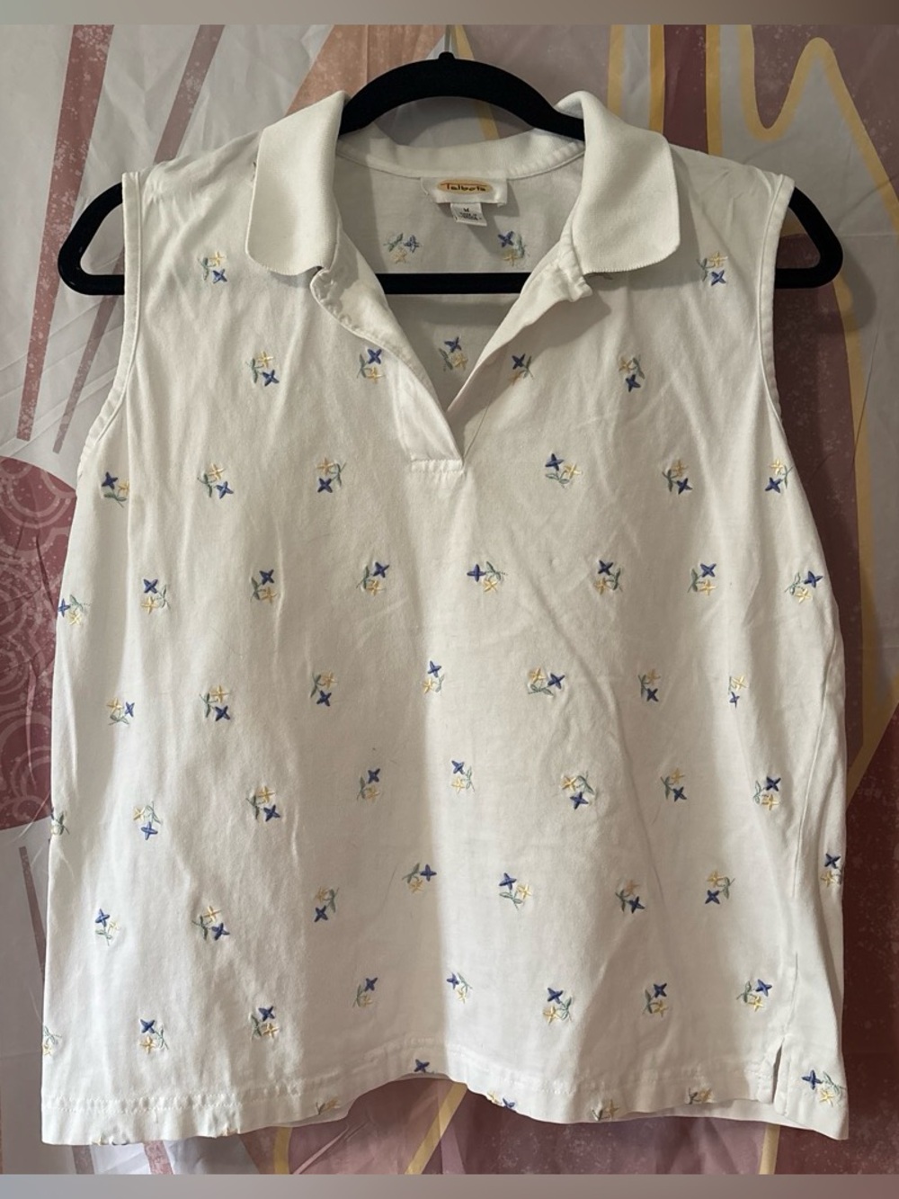 Talbots vintage White Sleeveless Polo Top with Blue & Yellow Embroidery